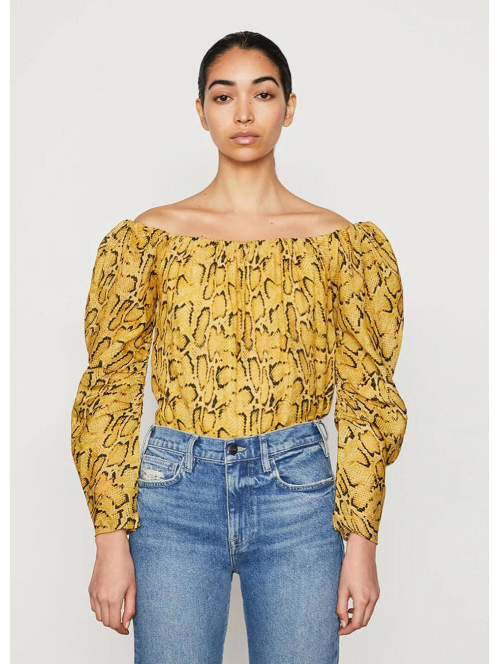 FRAME Off The Shoulder Puff Sleeve Billow Top 100% Ramie Yellow Python X-Small